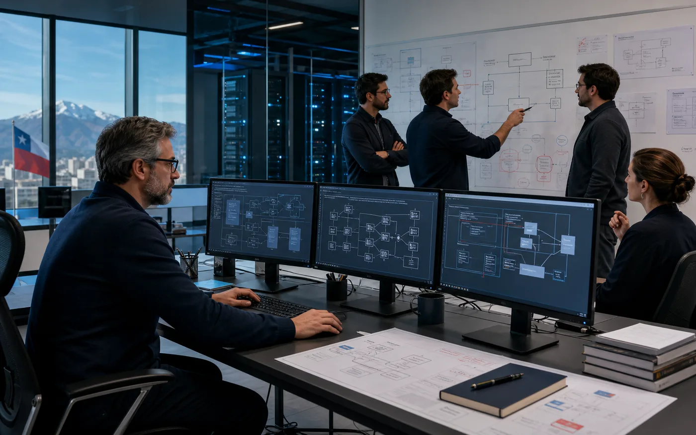 Arquitectos de software diseñando integraciones API y modernización de sistemas en un entorno corporativo.