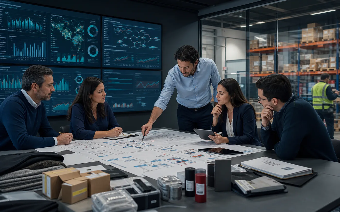 Equipo empresarial coordinando procesos de CRM, ERP, ecommerce, inventario y reportabilidad operacional.